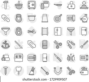 Editable thin line isolated vector icon set - scales weight, funnel, tools, nail, tooth implant vector, anchor, safe, magnetic field, press, ladle, pipes, hammer, colander, big fork, knife holder