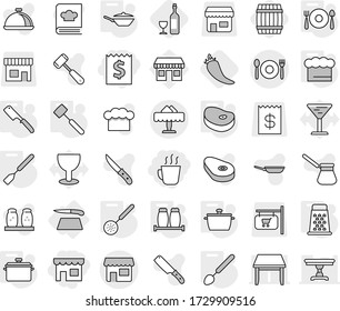 Editable thin line isolated vector icon set - receipt, shop, hot drink, cafe, restaurant, cutting board, pan, chief hat, skimmer, spatula, big spoon, chef knife, meat hammer, salt pepper, fork plate