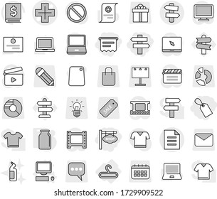 Editable thin line isolated vector icon set - label, atm receipt, shop signboard, singlepost, cross vector, document, signpost, hanger, computer, bank, toilet cleanser, cutting board, notebook pc