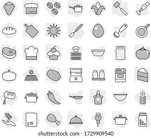 Editable thin line isolated vector icon set - chicken leg, mixer, pan, saute, kitchen scales, cook hat, chief, apron, spatula, meat hammer, cutting board, gas oven, meal cap, potato, tomato, steake
