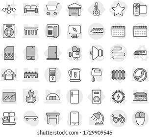 Editable thin line isolated vector icon set - cart, star, intestines vector, pacemaker, bridge, airport building, hangare, train, thermometer, stool, speaker, radiator, coffee maker, door, garage