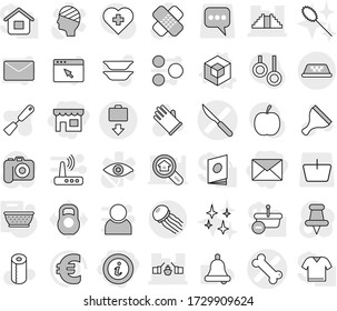 Editable thin line isolated vector icon set - shop, mail, info, bone vector, scalpel, drawbridge, pyramid, taxi, baggage get, jellyfish, 3d, colander, scraper, rubber glove, toilet paper, shining