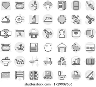 Editable thin line isolated vector icon set - cargo stoller, scissors vector, pacemaker, skyscraper, satellite, invoice, transporter tape, surfer, sink, window, mushroom, rabbit, bath, toilet, brush