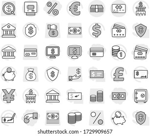 Editable thin line isolated vector icon set - hand coin, money, credit card, percent, library, atm, safe, bank vector, piggy, stack, check, building, dollar shield, monitor, euro sign, pound, yen