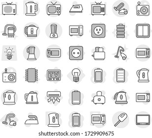 Editable thin line isolated vector icon set - bulb, air conditioning, power socket, switch, tv, kettle, vacuum cleaner, chip vector, battery, microwave oven, iron, toaster, radio, blender
