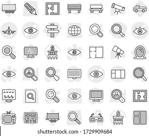 Editable thin line isolated vector icon set - magnifier, singlepost, eye vector, plan, plane, mirror, tv, 3d glasses, pickup, telescope, bank building, truck trailer, search document, globe, marker
