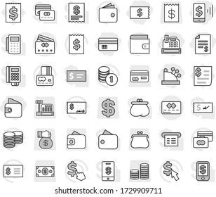 Editable thin line isolated vector icon set - credit card, account balance, receipt, mobile pay, wallet, cashbox, vector, coin stack, check, dollar cursor, purse, money, gift, reader, tap