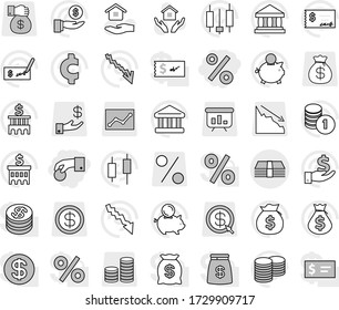 Editable thin line isolated vector icon set - hand coin, percent, money, house hold vector, bank, japanese candle, crisis, bag, piggy, investment, stack, check, building, cent sign, dollar, gift