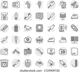 Editable thin line isolated vector icon set - mobile pay, remote control, intercome, air conditioning, vector, web camera, robot hand, kitchen scales, handle, blender, soil cutter, iron, telescope