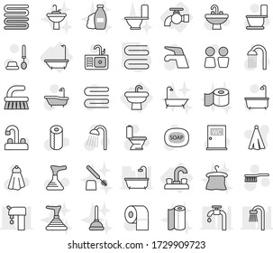 Editable thin line isolated vector icon set - water tap, sink, bath, towel, soap vector, plunger, fetlock, toilet, brush, paper, shower, closet, shampoo, hanger, supply