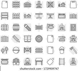 Editable thin line isolated vector icon set - pencil, shop signboard, fence, pallet, table, chest of drawers, dresser, rack, cutting board, fireplace, trees, axe, wheel, barrel, farm, wood box, rent