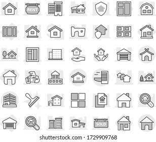 Editable thin line isolated vector icon set - home, cottage, houses, slum, garage, modern architecture, house with, panel, window, district, office, hotel, bungalow, hold vector, scraper, chalet