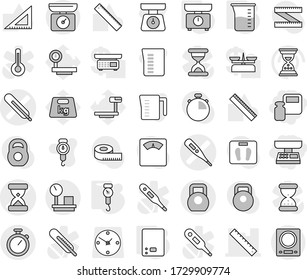 Editable thin line isolated vector icon set - market scales, weight, medical thermometer vector, sand clock, ruler, heavy, warehouse, stopwatch, measuring cup, kitchen, handle, corner, big, store