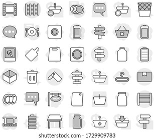 Editable thin line isolated vector icon set - delete cart, box, shop signboard, package, rack, label, pallet, photo, signpost, ring button, hanger, cutting board, battery vector, plates, bank, jar