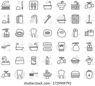 Editable thin line isolated vector icon set - wc, tooth vector, roentgen, uv cream, water tap, sink, bath, washing, towel, soap, fetlock, mop, sponge, toilet brush, liquid, paper, shower, epilator