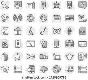 Editable thin line isolated vector icon set - add to cart, mobile pay, star, spark plug, phone, calendar vector, goverment house, location, sorting, trailer, wireless, laptop wifi, touchscreen, call