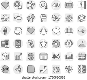 Editable thin line isolated vector icon set - bow, spark plug, calendar, eye vector, female sign, virus, bridge, houses, modern architecture, 3d, satellite, mobile location, plane, landscape, crib