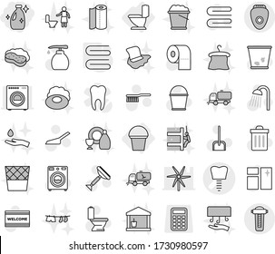 Editable thin line isolated vector icon set - cleanser, tooth implant vector, toilet, bucket, towel, scraper, fetlock, scoop, trash bin, window cleaning, welcome mat, washer, liquid soap, paper
