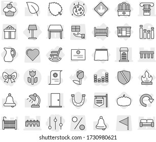 Editable thin line isolated vector icon set - bow, equalizer, column, bridge, building, door, perishable, disco ball, curtain, wardrobe, dresser, crib, rocking chair, floor lamp, cupcake, horseshoe