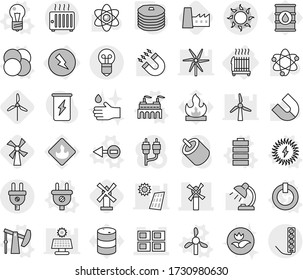 Editable thin line isolated vector icon set - panel house, windmill, sun, electricity, radiator, atom core vector, electron, bulb, on off button, plug, factory, oil pump, battery, solar power, rca