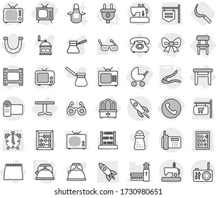 Editable thin line isolated vector icon set - bow, phone, tv, baby stroller, church, rocket, curtain, table, dresser, stool, chair, plug vector, kettle, walnut crack, sickle, horseshoe, apron, radio
