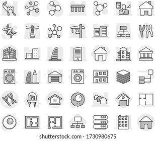 Editable thin line isolated vector icon set - home, chromosomes vector, greate wall, bridge, building, skyscraper, houses, garage, modular house, district, tower crane, plan, architector, office