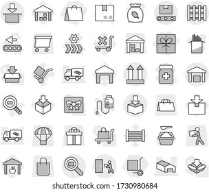 Editable thin line isolated vector icon set - gift, shopping bag, cargo stoller, warehouse, top sign, courier delivery, package, search, transporter tape, pallet, conveyor vector, washing powder