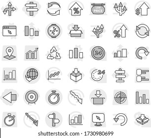 Editable thin line isolated vector icon set - left arrow, singlepost, signpost, delivery, package, stopwatch, compass, recycle vector, chart, browser window, reload, graph, crisis, percent growth