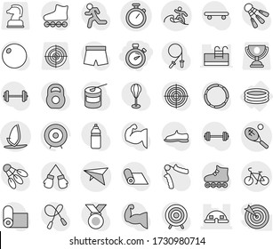 Editable thin line isolated vector icon set - stopwatch, dome house, deltaplane, bike, surfer, tennis, windsurfing, inflatable pool, target vector, barbell, weight, jump rope, hand trainer, fitball
