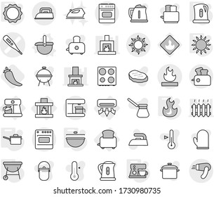 Editable thin line isolated vector icon set - medical thermometer vector, flammable, sun, air conditioning, coffee maker, toaster, fireplace, ladle, cauldron, saute pan, kettle, gas oven, induction