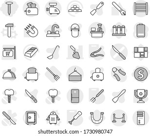 Editable thin line isolated vector icon set - dollar coin, nail, scalpel vector, construction, loading crane, customs control, rack, vip fence, water tap, toaster, hammer, robot, walnut crack, ladle