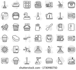 Editable thin line isolated vector icon set - iron, fridge, broom, bucket, coffee maker, microwave oven, gas, hob, food processor, plunger vector, mop, sponge, rubber glove, water tap, foam, brush