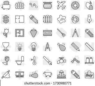 Editable thin line isolated vector icon set - pencil, mansion, ruler, drawing compasses, plan, bulb, water tap, fence, toaster, plane vector, robot hand, salt pepper, cow, berry, fork, splotch, pen