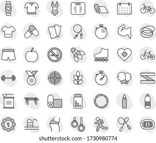 Editable thin line isolated vector icon set - diet vector, barbell, measuring, scales, stopwatch, pills vial, bike, jump rope, horizontal bar, punching bag, muscule hand, buttocks, boxing glove, run