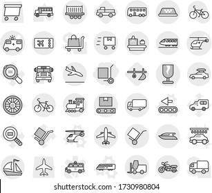 Editable thin line isolated vector icon set - cargo stoller, ambulance car vector, helicopter, truck shipping, fragile, trolley, fork loader, transporter tape, fast deliver, train, baggage, bus