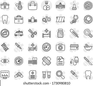 Editable thin line isolated vector icon set - doctor bag vector, case, hospital, school building, thermometer, flask, vial, eye, gender sign, magnifier, pregnancy, dropper, crutches, scissors, patch