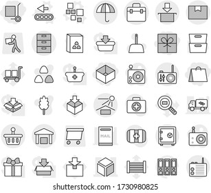 Editable thin line isolated vector icon set - gift, shopping bag, box, cargo stoller, doctor vector, archive, 3d, package, dry, sun potection, warehouse, basket, safe, blocks, conveyor, scoop, wood