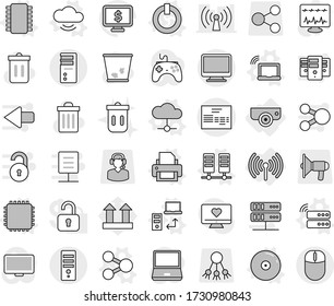 Editable thin line isolated vector icon set - invoice, surveillance camera, wireless, share vector, chip, cpu, on off button, laptop wifi, server, cloud, service, data transfer, printer, cd, heart