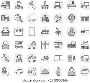 Editable thin line isolated vector icon set - dollar pin, tools, ambulance car vector, helicopter, gas station, support manager, shipping, courier delivery, hotel, baggage trolley, reception, wrench