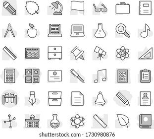 Editable thin line isolated vector icon set - pencil, calculator, test vial vector, university, ruler, copybook, pen, corner, drawing compass, glasses, case, apple fruit, atom, telescope, bell, flag