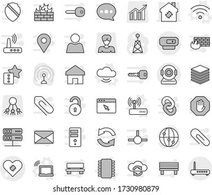 Editable thin line isolated vector icon set - pacemaker vector, smart house, chip, laptop wifi, cloud service, wireless, router, share, woman, diagram, antenna, internet, connect, network server