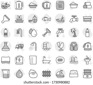 Editable thin line isolated vector icon set - flask vector, fountain, sea shipping, port, broken, sail boat, palm, pool, life vest, drop, radiator, washing, kettle, pipes, measuring cup, fish, soap