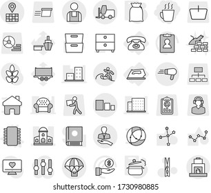 Editable thin line isolated vector icon set - hot drink, mansion, map, client, sorting, fork loader, workman, parachute delivery, surfer, phone, iron, chip vector, steam pan, flour, clothespin, port