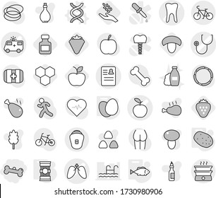 Editable thin line isolated vector icon set - bone, stethoscope vector, ambulance car, anamnesis, apple, tooth, lungs, bike, dna, eggs, pasta, potato, fish, honeycombs, berry, mushroom, harvest, oil