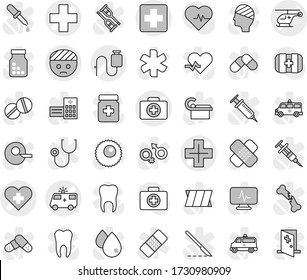 Editable thin line isolated vector icon set - medical cross vector, heart, bandaged head, doctor case, ambulance car, helicopter, dropper, pulse, first aid kit, star, gender sign, insemination, room