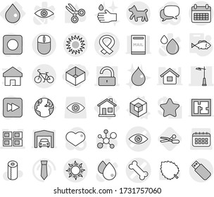 Editable Thin Line Isolated Vector Icon Set - Box, Eye Vector, Bone, Medical Harness, Panel House, Unlock, Outdoor Light, Calendar, Bike, Sun, Dog, Home, Drop, 3d, Fish, Scissors, Toilet Paper, Hand