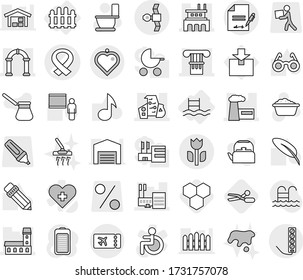 Editable thin line isolated vector icon set - medical harness vector, column, mansion, mall, modern architecture, factory, arch, satellite, perishable, inventory, ticket, heart pendant, fence, pool