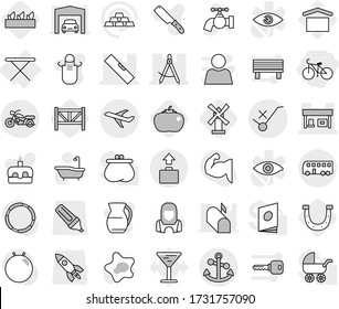 Editable thin line isolated vector icon set - bike, draw compass, gas station, level, plane, do not trolley sign, anchor, bus, motorcycle, baggage, iron board, seedling, horseshoe, windmill, tomato