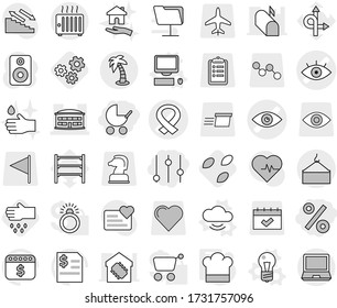 Editable thin line isolated vector icon set - percent, equalizer, baby stroller, eye vector, medical harness, airport building, loading crane, palm, bulb, cloud service, computer, cook hat, seeds