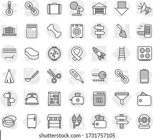 Editable thin line isolated vector icon set - funnel, singlepost, medical harness vector, garage, construction, signpost, hotel, lounger, compass, fridge, stairs, kettle, ladle, hob, sponge, towel